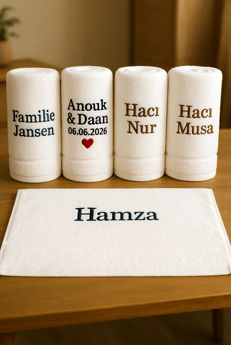 Handdoek 100 x 50 cm geborduurd verjaardagscadeau trouwerij Hadj Mister Needle