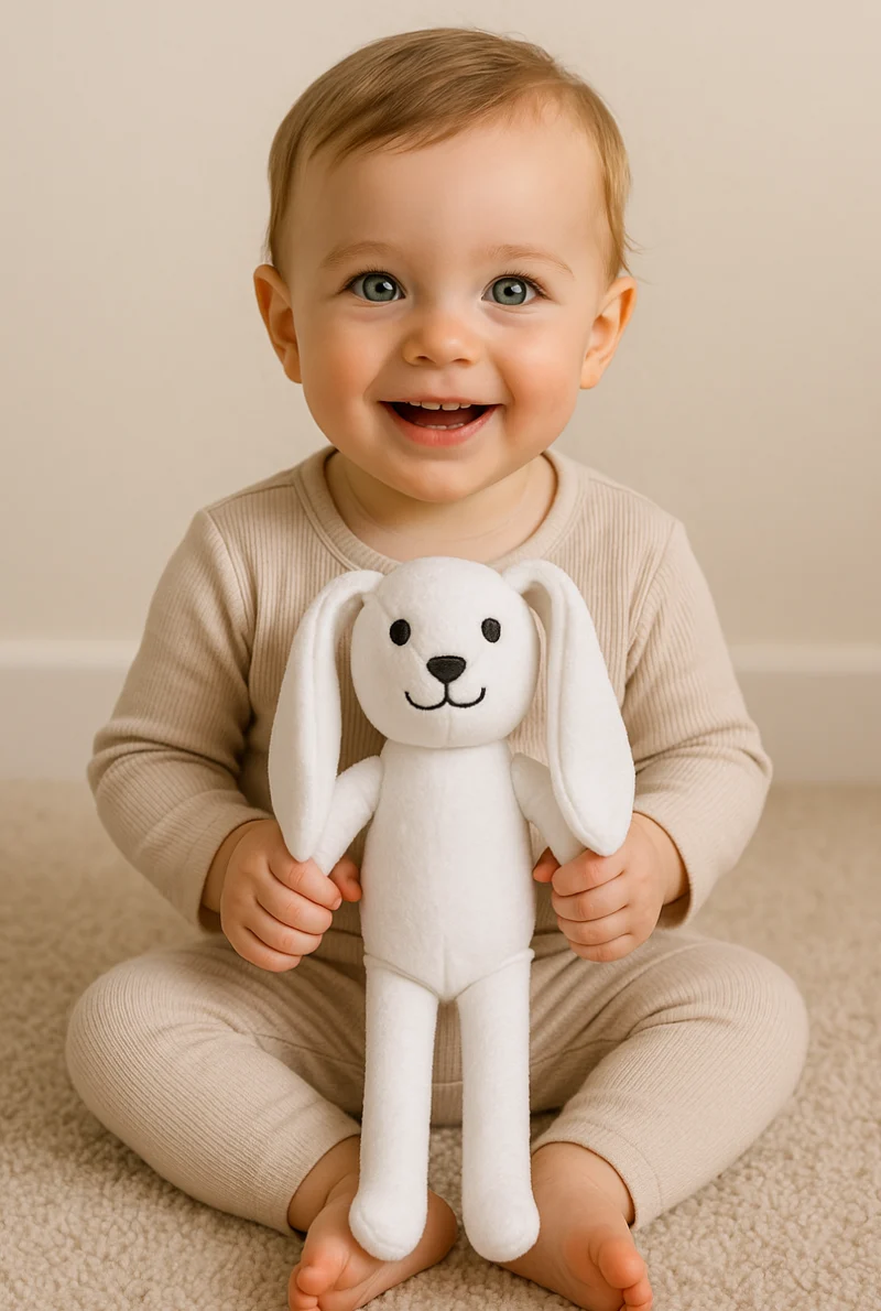 Konijn met rammelgeluid Mister Needle kindercadeau met naam gepersonaliseerd baby en kind